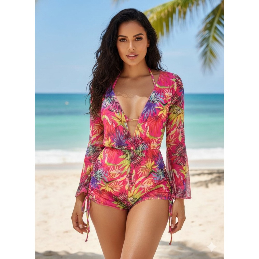 3 Piece Bikini Romper Set Women S Pink New Tropical Mesh Cover Up